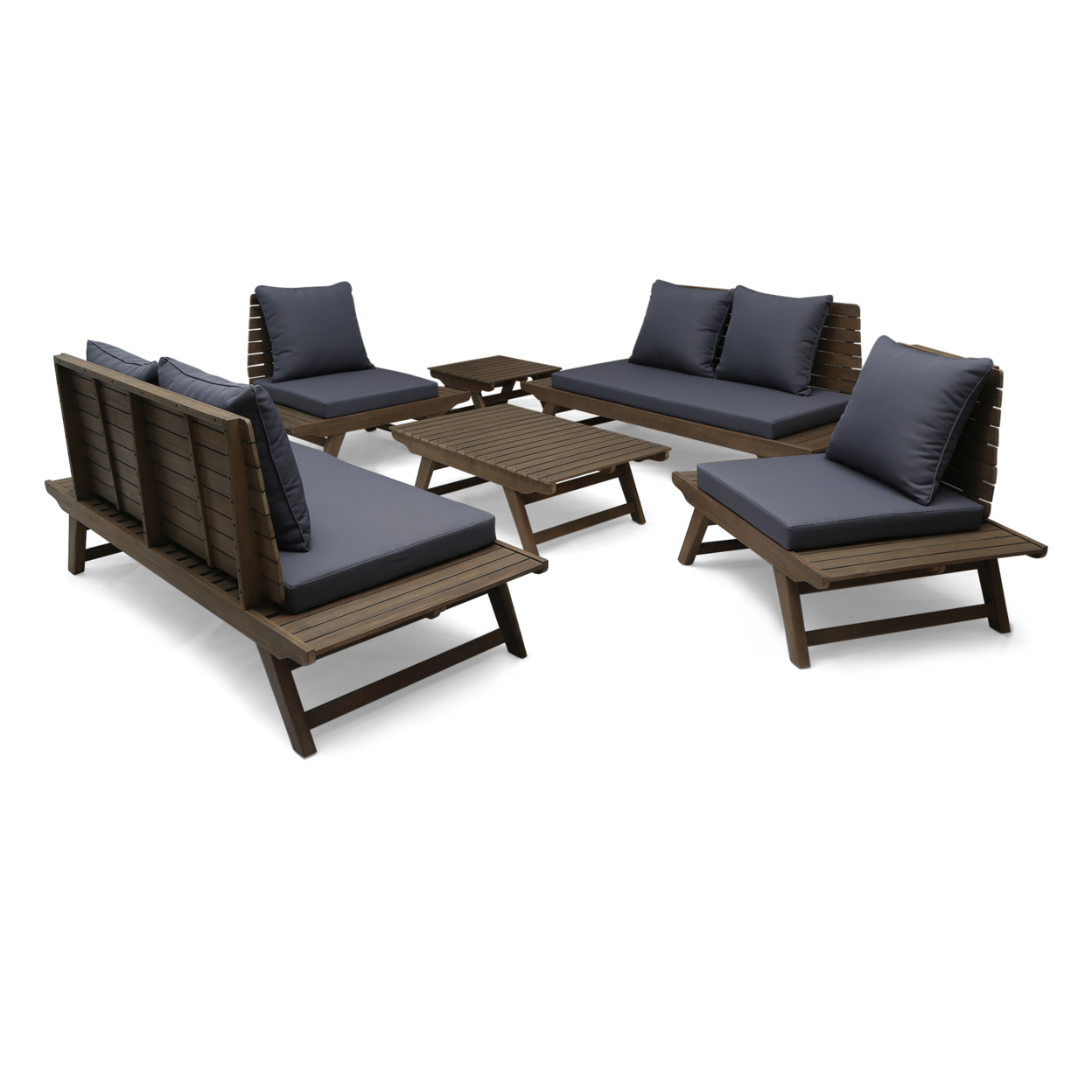 Jennifer Outdoor Acacia Wood 6 Seater Chat Set With Side Table And Coffee Table - Gray + Dark Gray
