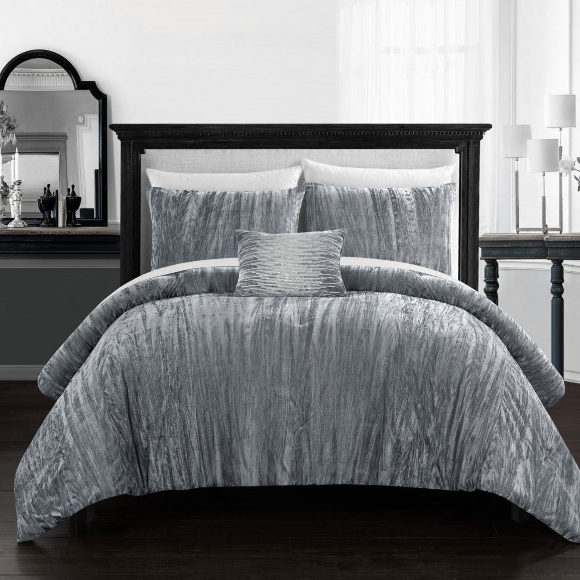 Merieta 8 Piece Comforter Set Crinkle Crushed Velvet Bed In A Bag Bedding - Grey, Queen