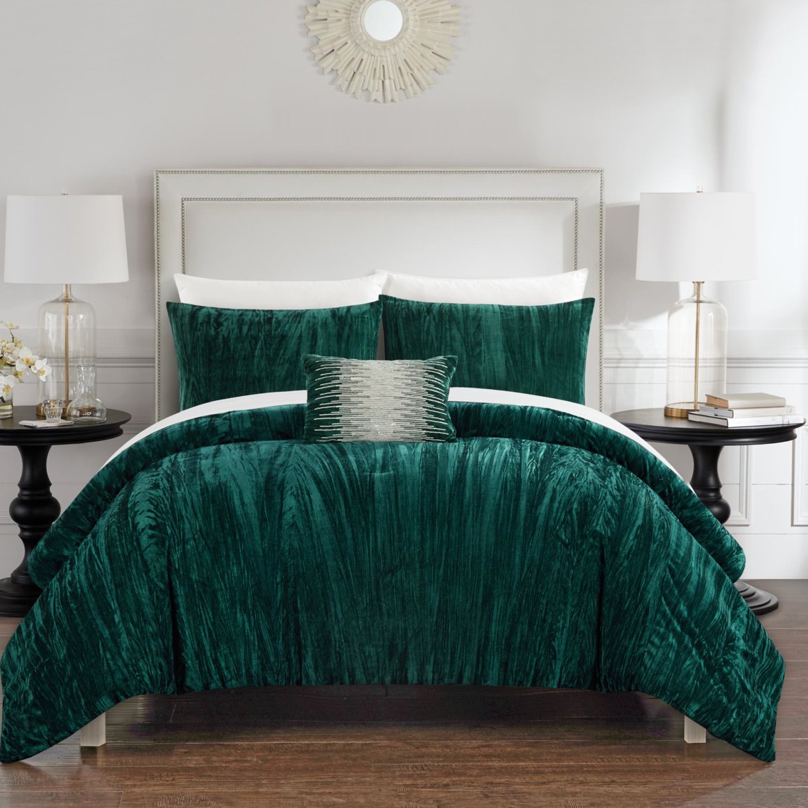 Merieta 8 Piece Comforter Set Crinkle Crushed Velvet Bed In A Bag Bedding - Green, Queen