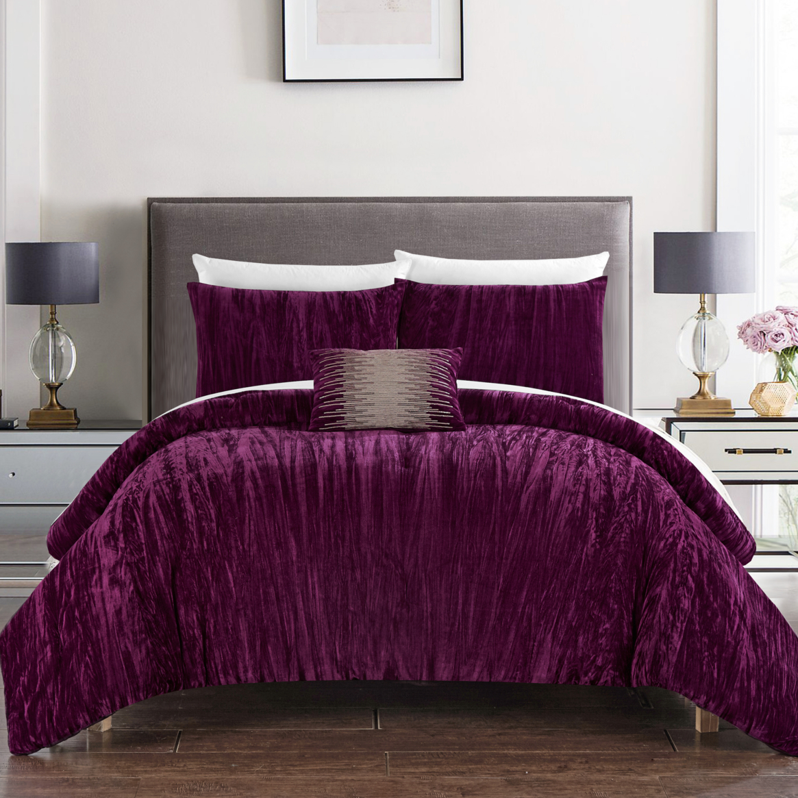 Merieta 8 Piece Comforter Set Crinkle Crushed Velvet Bed In A Bag Bedding - Plum, Queen