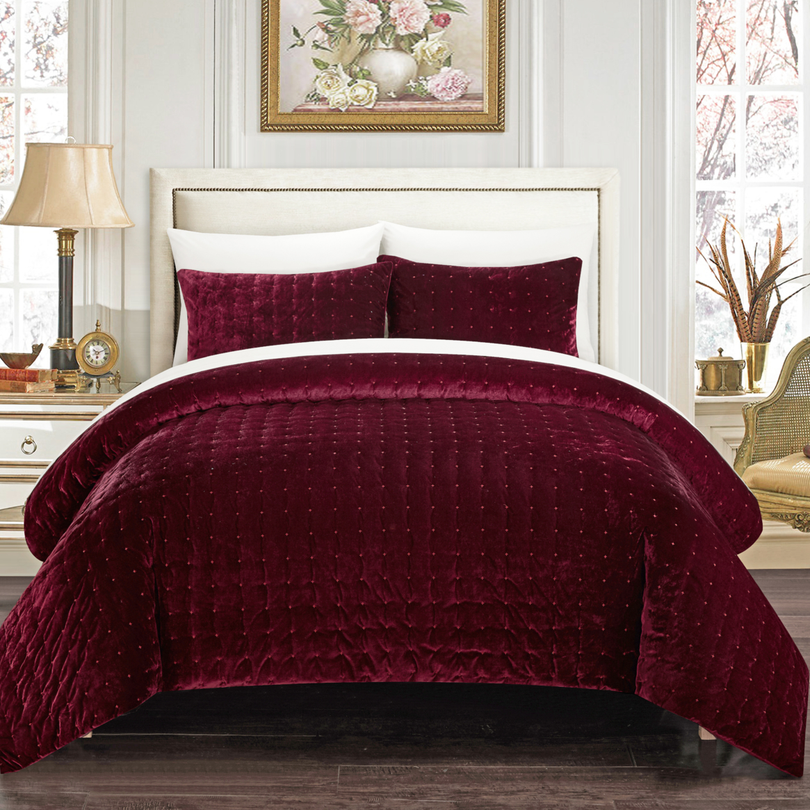 Chaya 7 Piece Comforter Set Luxurious Hand Stitched Velvet Bed In A Bag Bedding - Burgundy, Queen