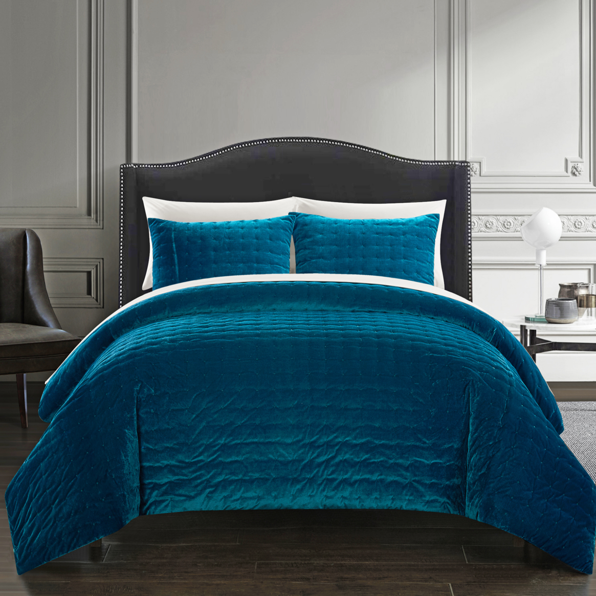 Chaya 7 Piece Comforter Set Luxurious Hand Stitched Velvet Bed In A Bag Bedding - Teal, King