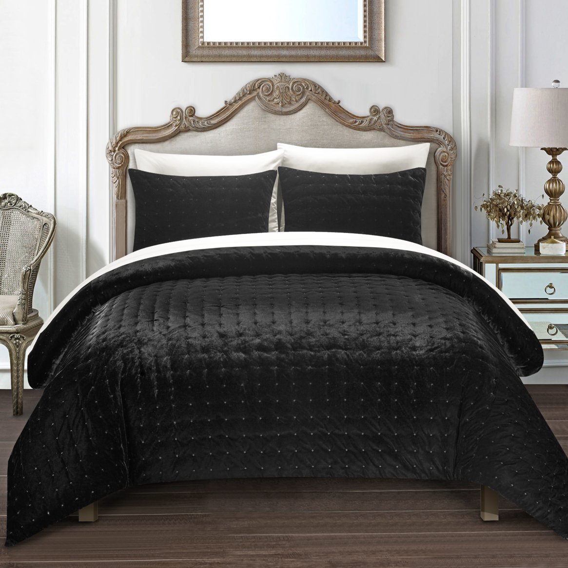 Chaya 7 Piece Comforter Set Luxurious Hand Stitched Velvet Bed In A Bag Bedding - Black, Queen