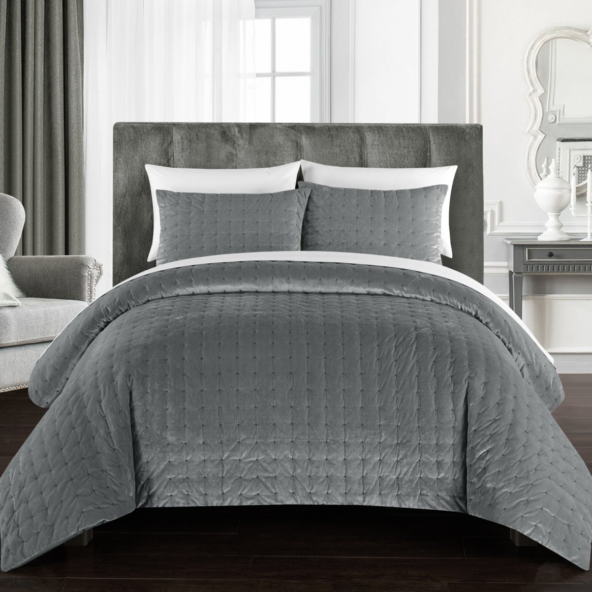 Chaya 7 Piece Comforter Set Luxurious Hand Stitched Velvet Bed In A Bag Bedding - Grey, King