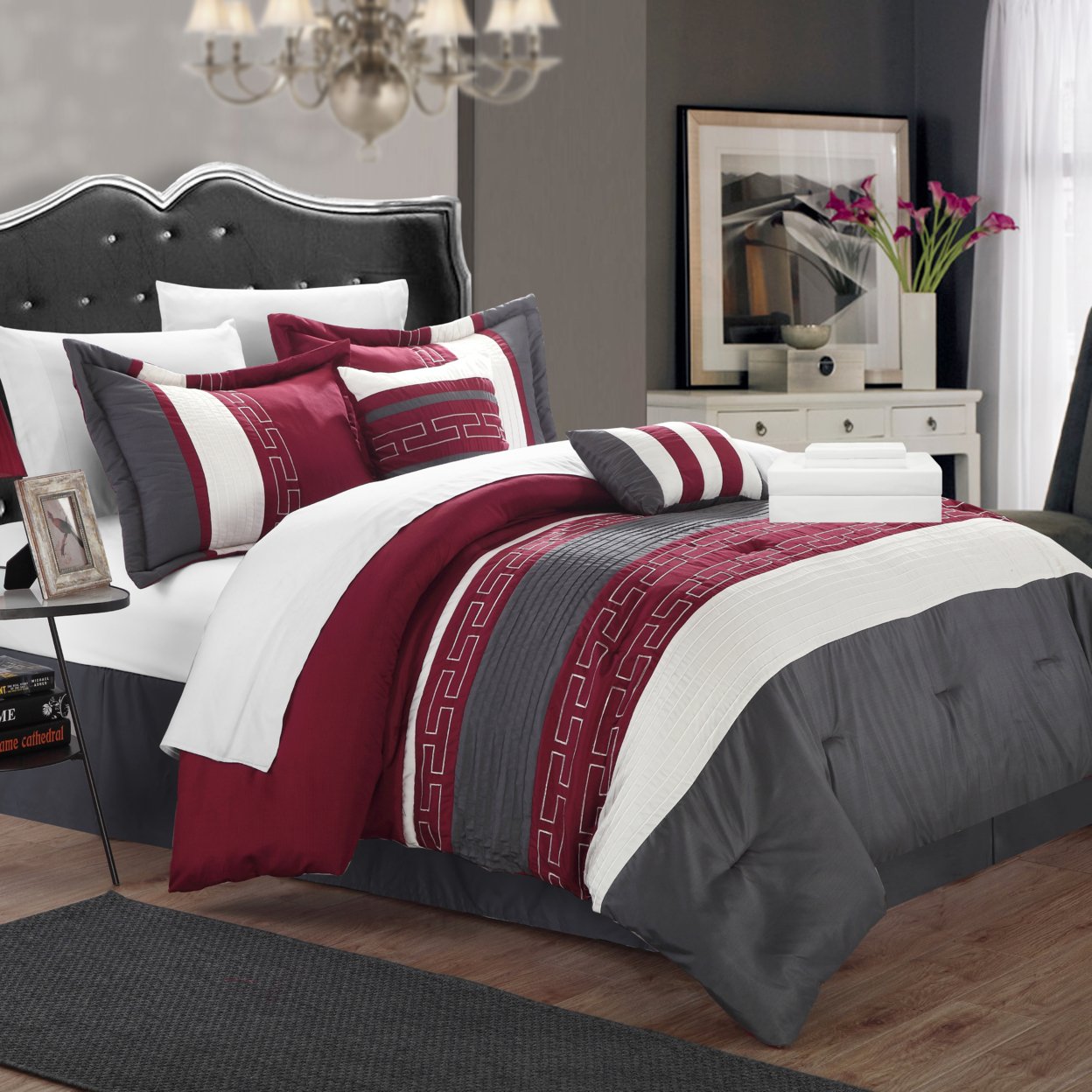 Coralie 10 Piece Bed In A Bag Comforter Set - Grey, Queen