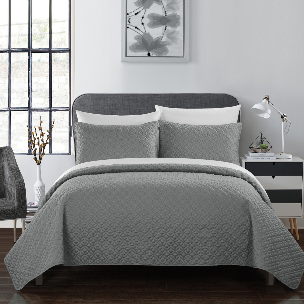 Gideon 7 Or 5 Piece Quilt Cover Set Rose Star Geometric Quilted Bed In A Bag - Sheet Set Decorative Pillow Shams Included - Grey, Twin