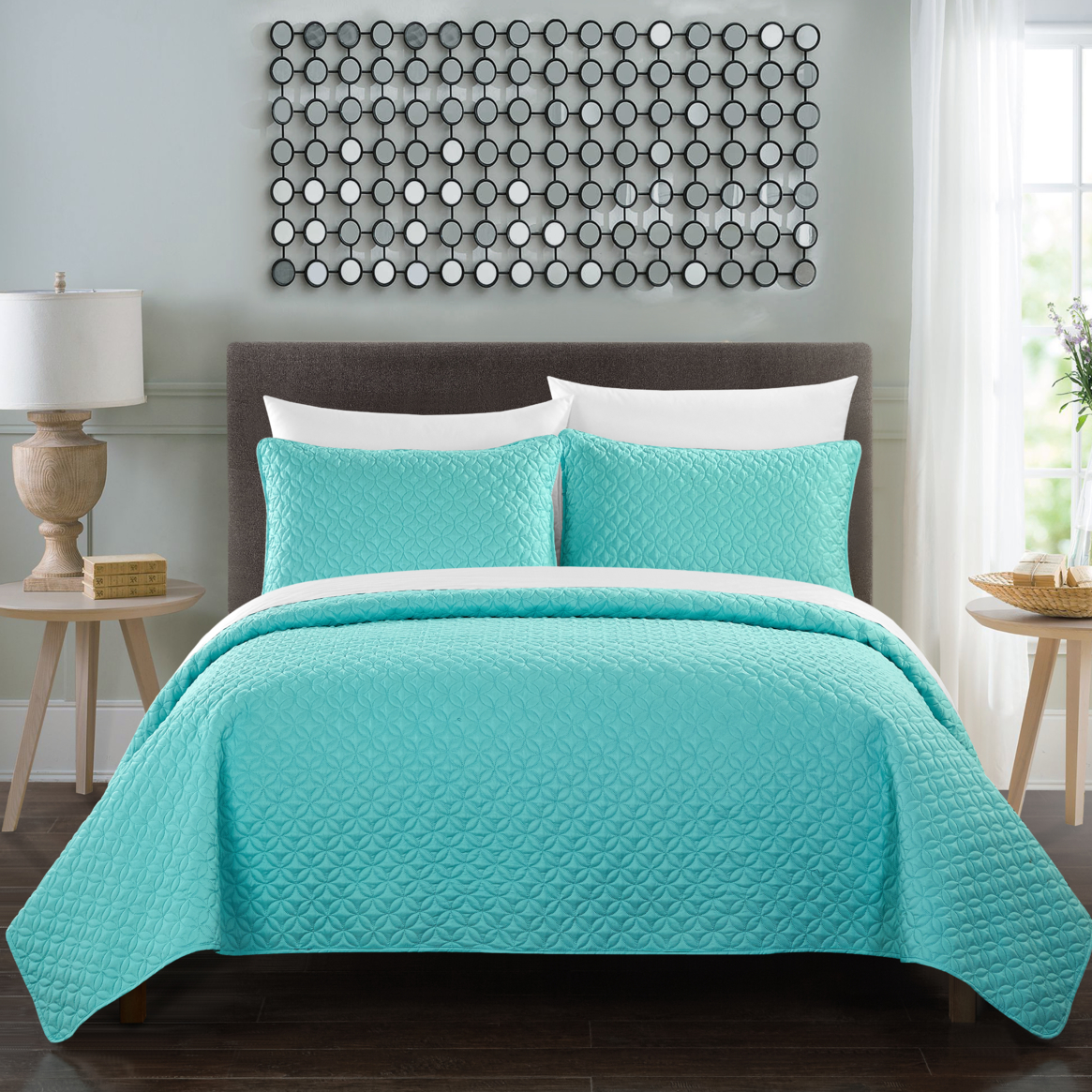 Gideon 7 Or 5 Piece Quilt Cover Set Rose Star Geometric Quilted Bed In A Bag - Sheet Set Decorative Pillow Shams Included - Aqua, King