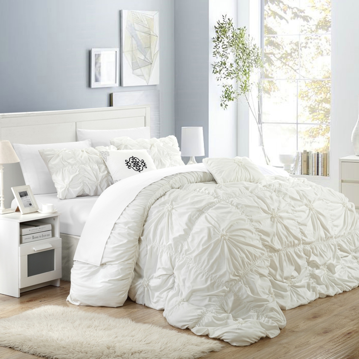 Hilton 10 Piece Comforter Set Floral Pinch Pleated Ruffled Designer Embellished Bed In A Bag Bedding - White, Queen
