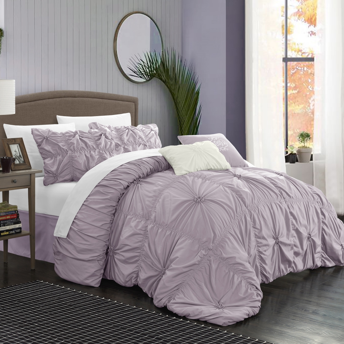 Hilton 10 Piece Comforter Set Floral Pinch Pleated Ruffled Designer Embellished Bed In A Bag Bedding - Silver, King