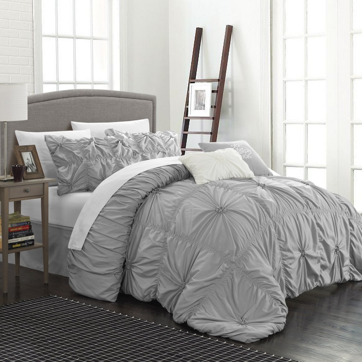 Hilton 10 Piece Comforter Set Floral Pinch Pleated Ruffled Designer Embellished Bed In A Bag Bedding - Silver, Queen
