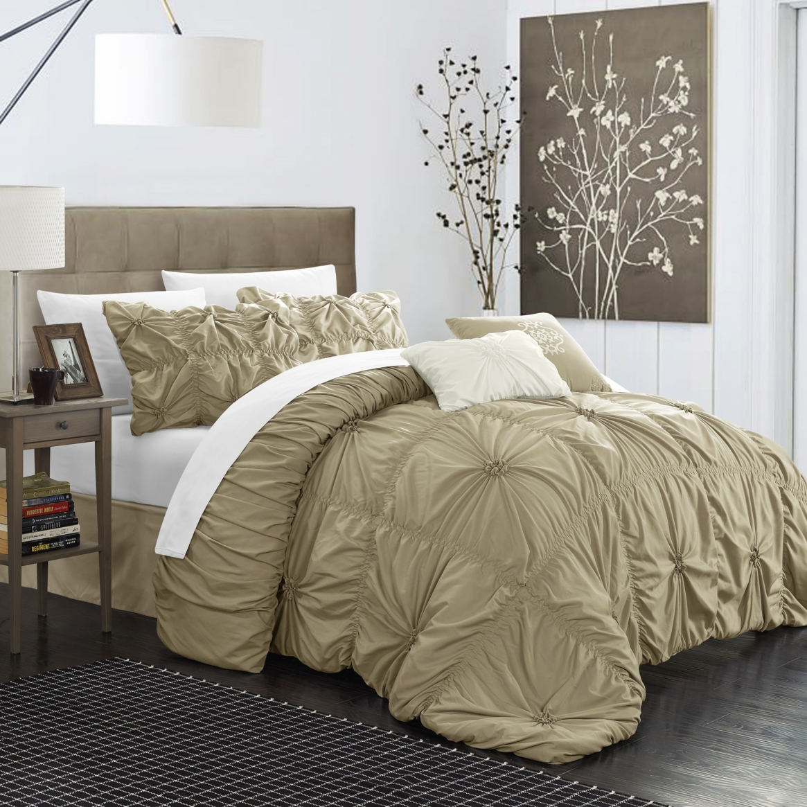 Hilton 10 Piece Comforter Set Floral Pinch Pleated Ruffled Designer Embellished Bed In A Bag Bedding - Taupe, King