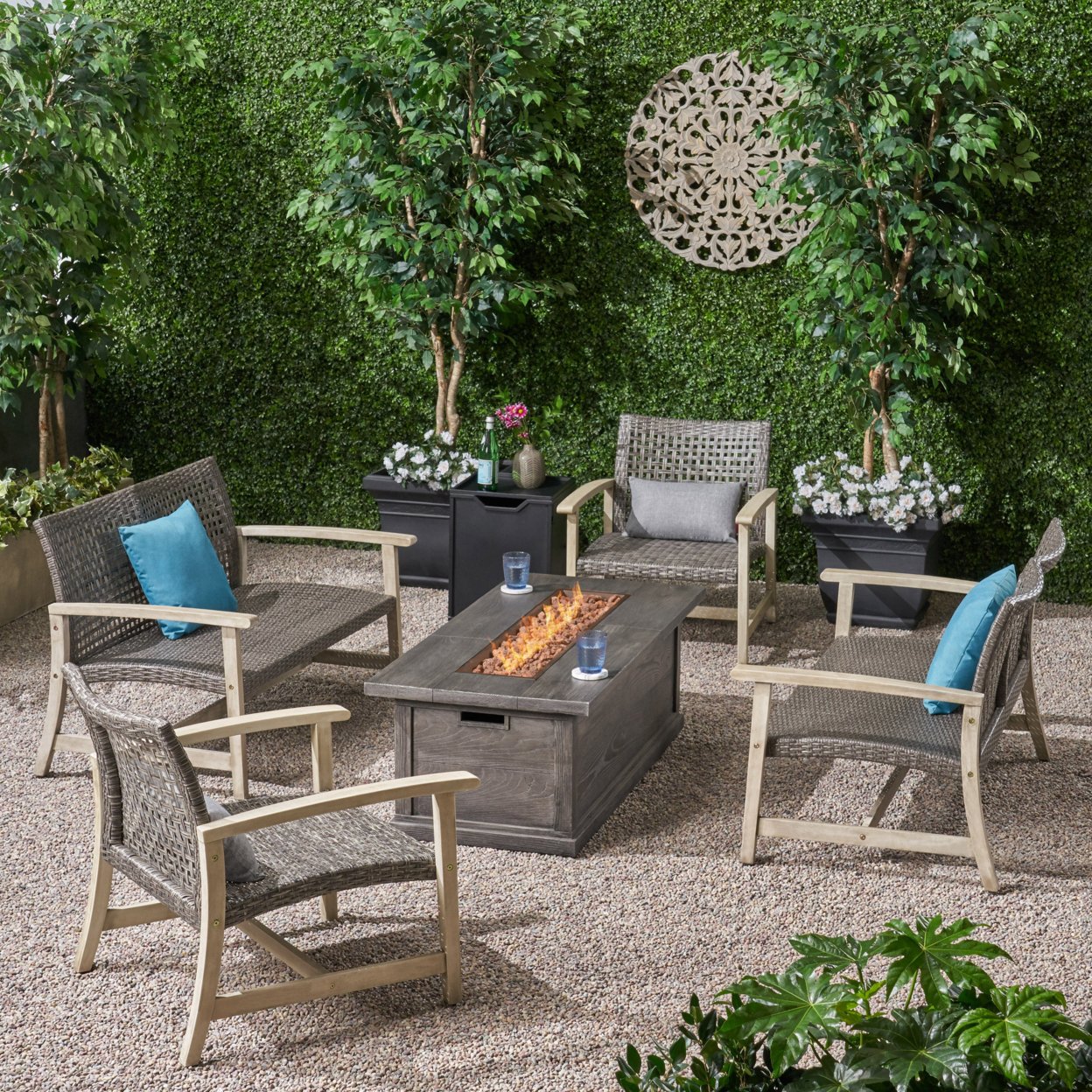 Rachel Outdoor 6 Piece Wood And Wicker Chat Set With Fire Pit - Mixed Black + Light Gray Washed Finish + Gray