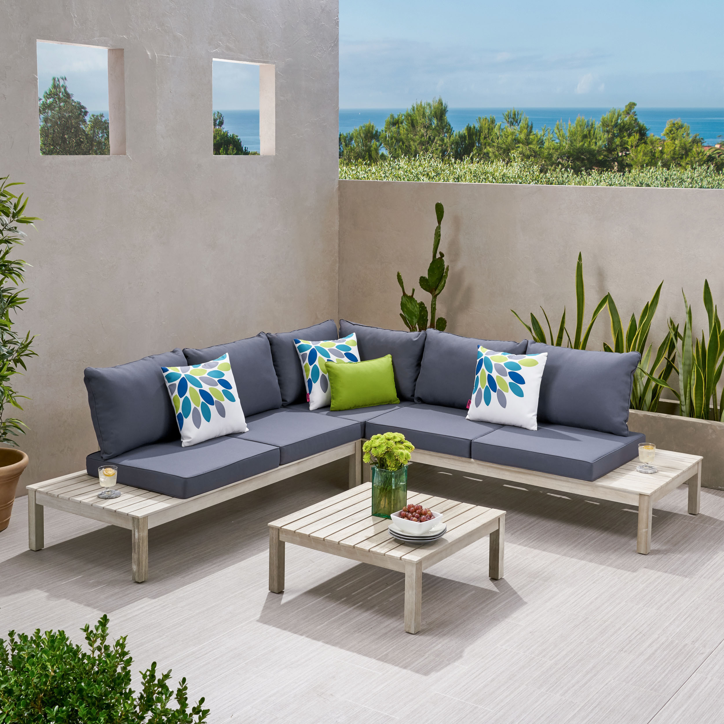 Bunny Outdoor 5 Seater V Shaped Acacia Wood Sectional Sofa Set With Cushions - Weathered Gray + Dark Gray