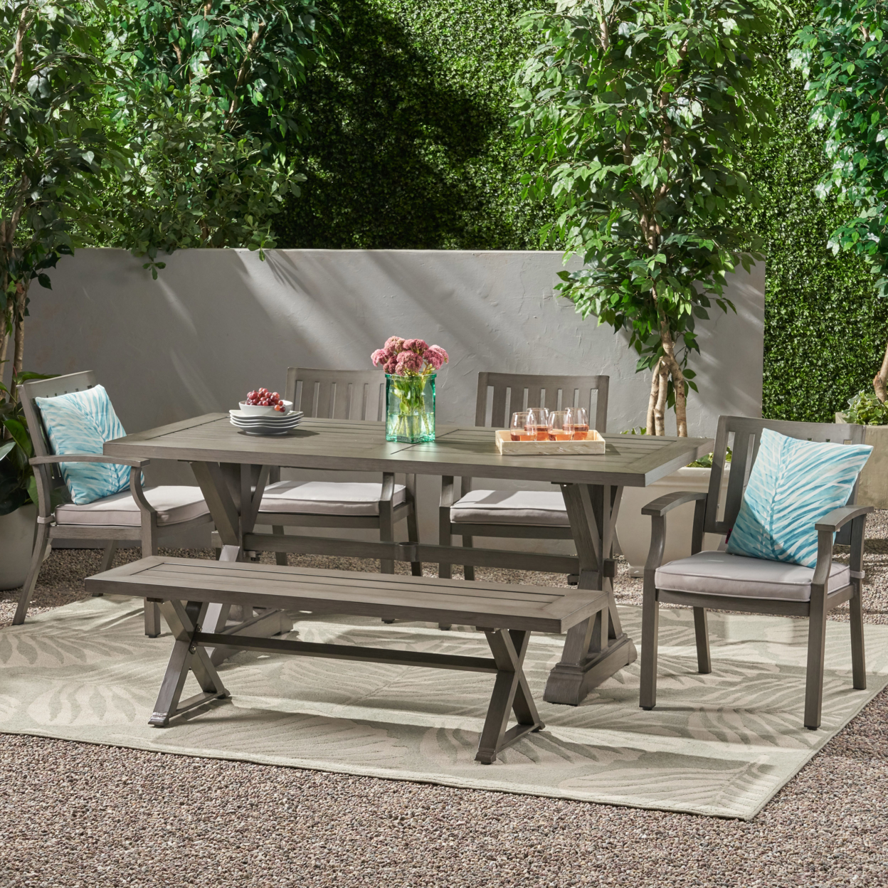 Zoey Outdoor Modern 6 Seater Aluminum Dining Set With Dining Bench