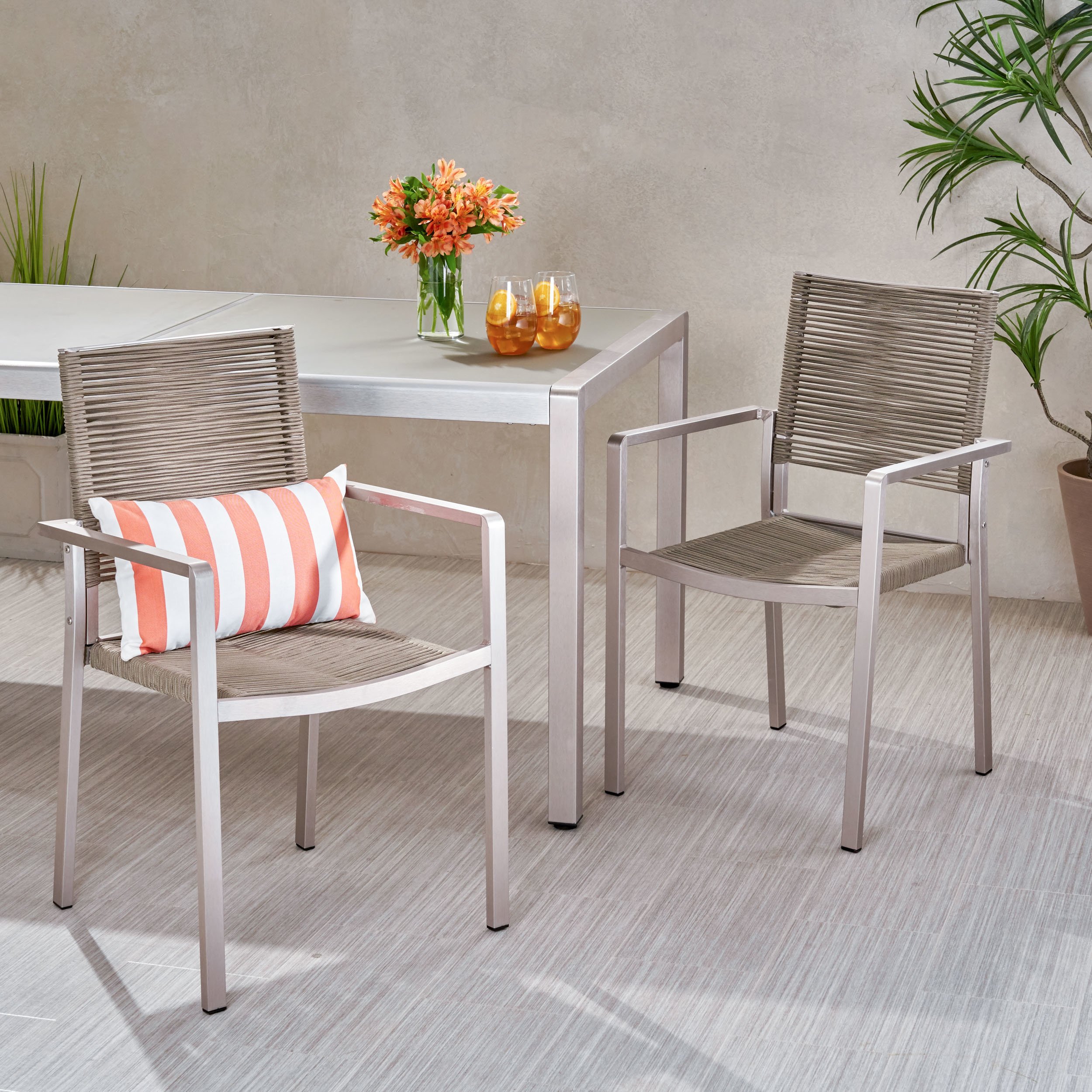 Jean Outdoor Modern Aluminum Dining Chair With Rope Seat (Set Of 2) - Silver + Taupe