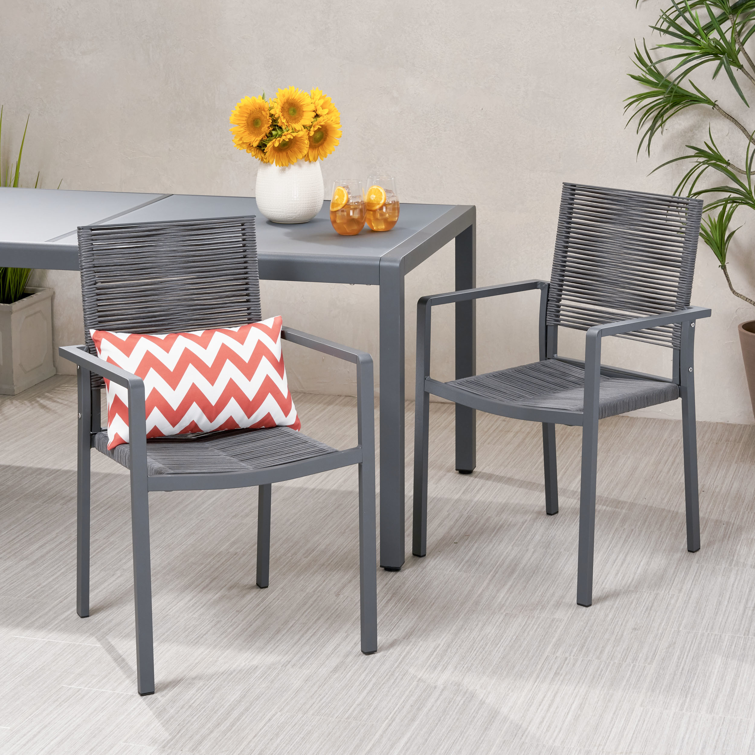 Jean Outdoor Modern Aluminum Dining Chair With Rope Seat (Set Of 2) - Gray + Dark Gray