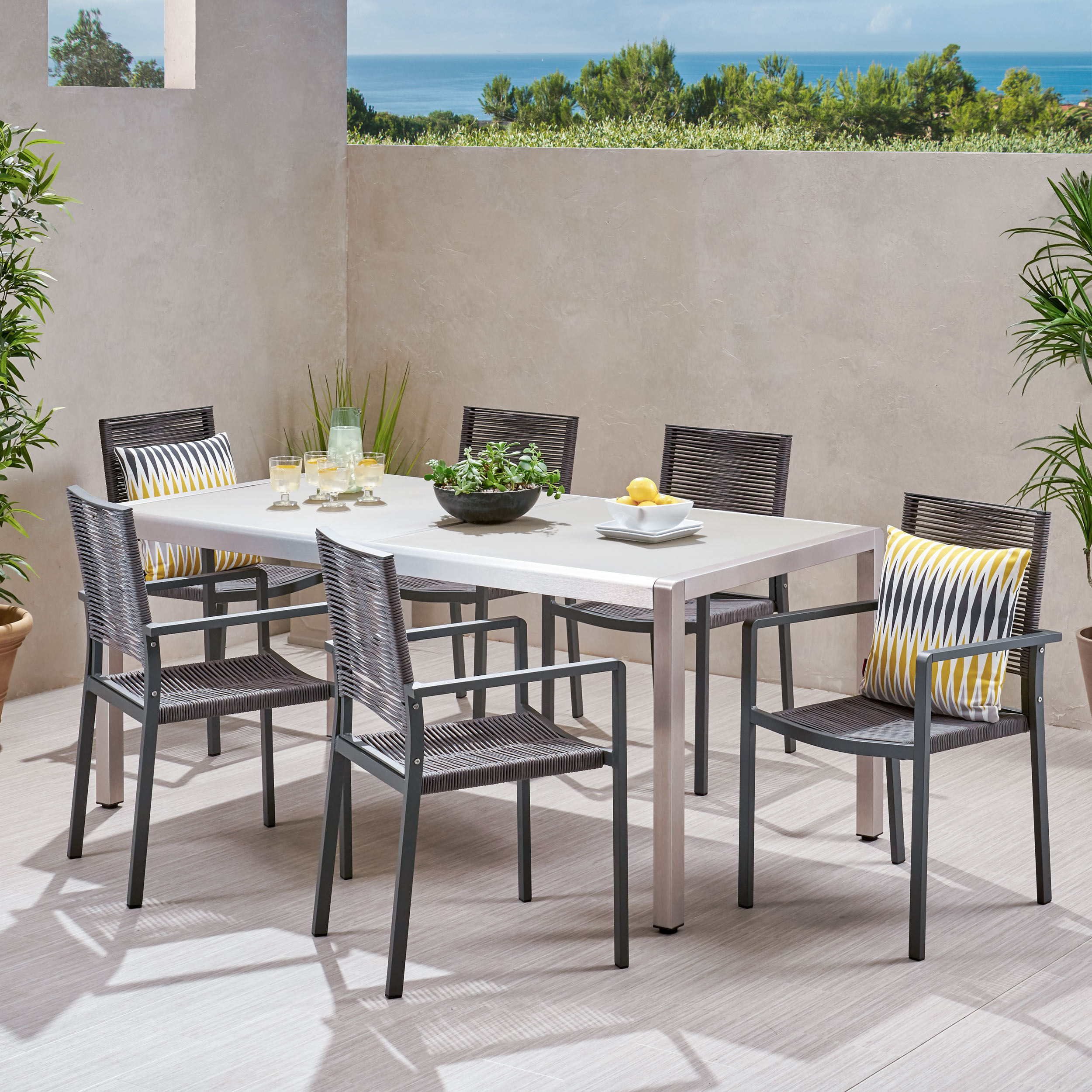 Sandy Outdoor Modern 6 Seater Aluminum Dining Set With Tempered Glass Table Top - Gray + Silver + Dark Gray