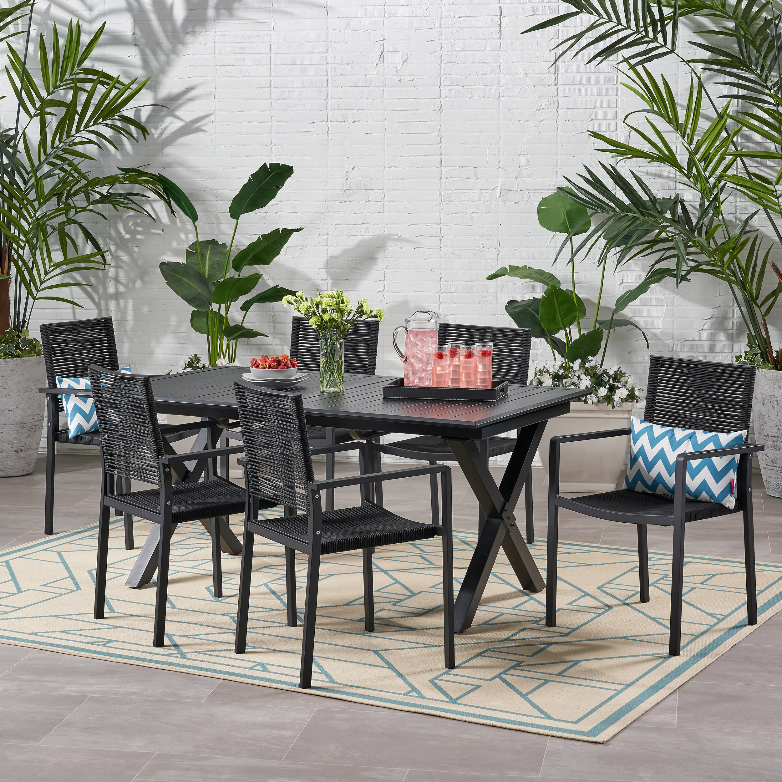 Sarah Outdoor Modern 6 Seater Aluminum Dining Set With Expandable Table