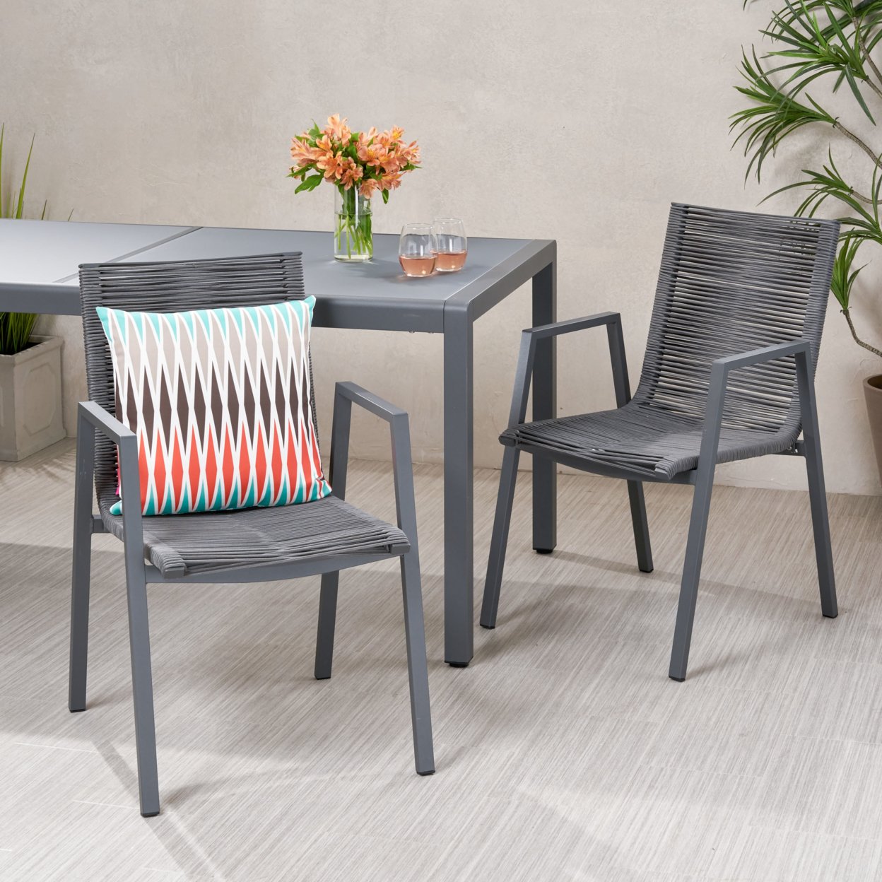 Elma Outdoor Modern Aluminum Dining Chair With Rope Seat (Set Of 2) - Gray + Dark Gray