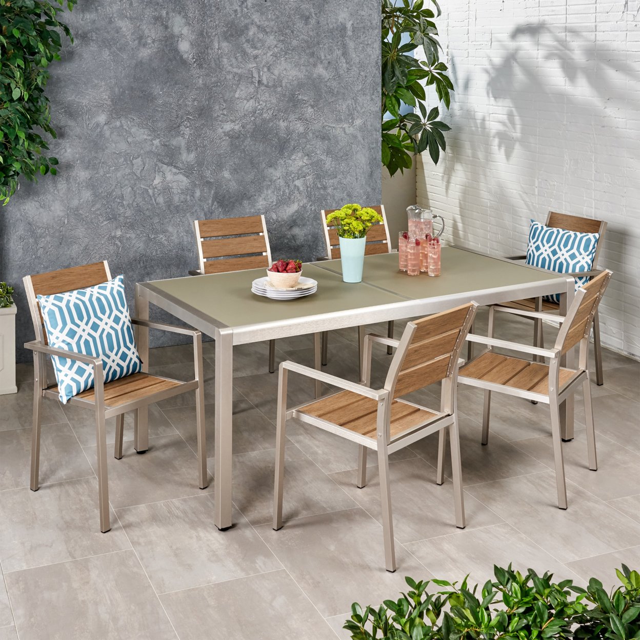 Miranda Outdoor Modern 6 Seater Aluminum Dining Set With Tempered Glass Table Top - Gray + Natural + Silver