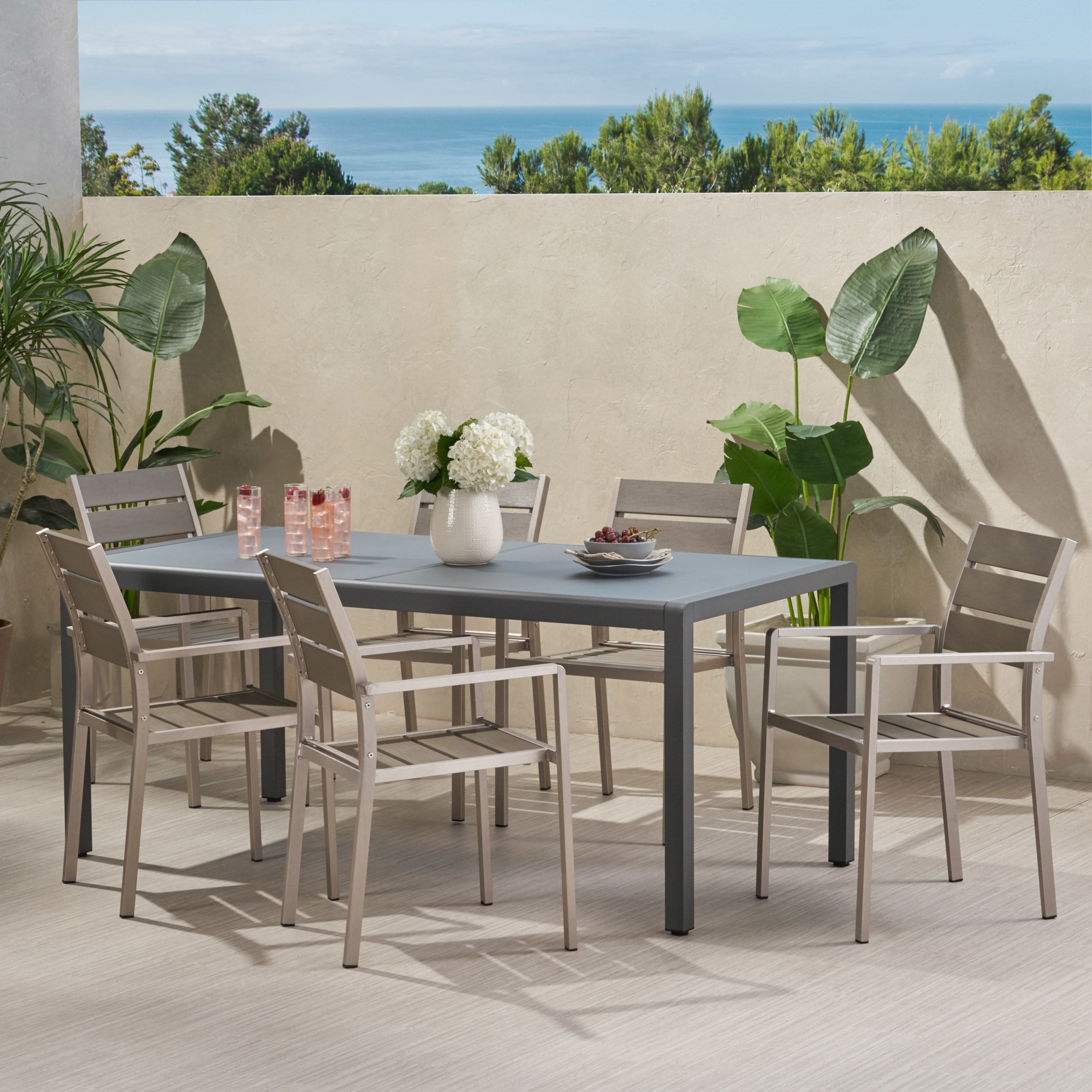 Miranda Outdoor Modern 6 Seater Aluminum Dining Set With Tempered Glass Table Top - Gun Metal Gray + Gray + Silver