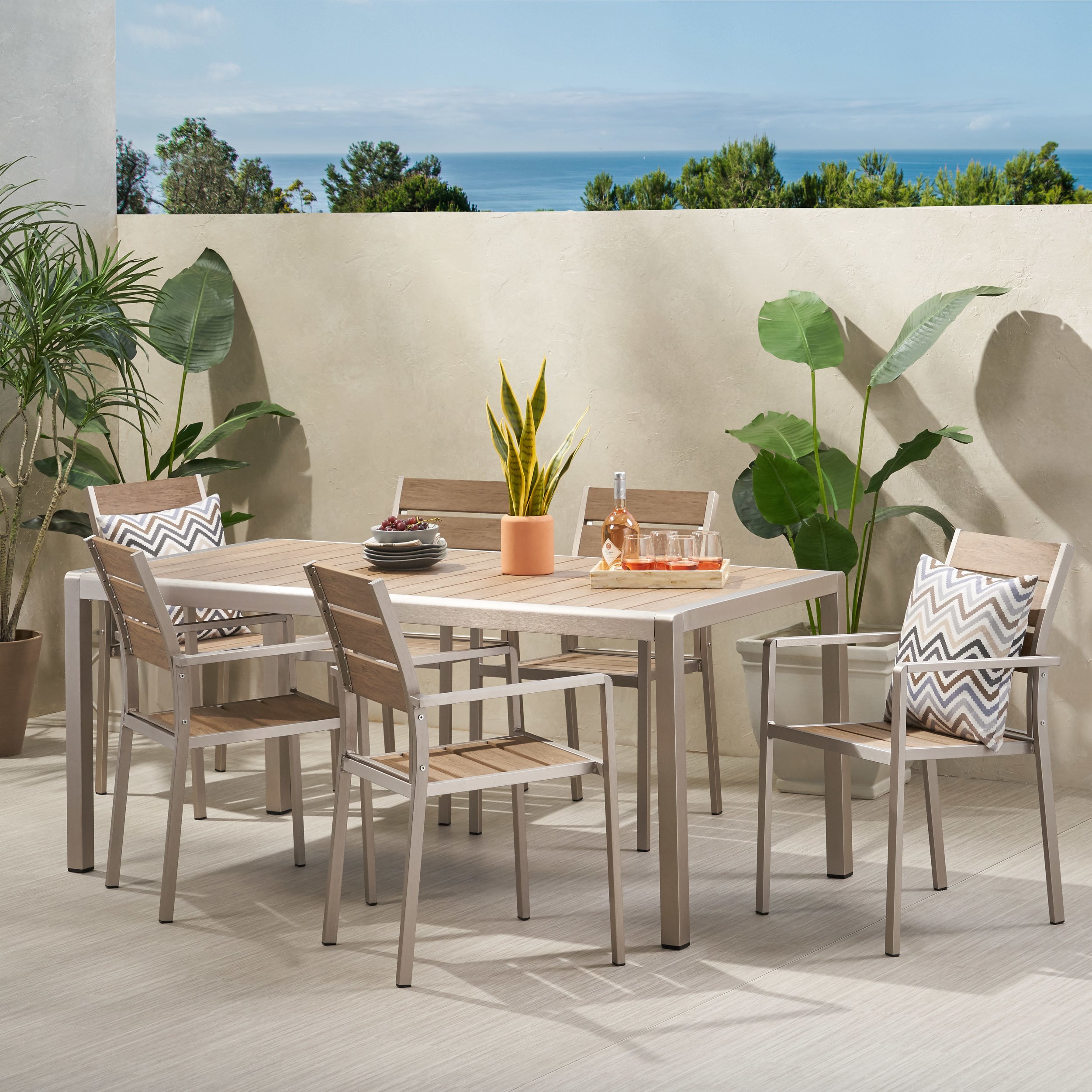 Martina Outdoor Modern Aluminum And Faux Wood 6 Seater Dining Set - Natural Finish + Silver