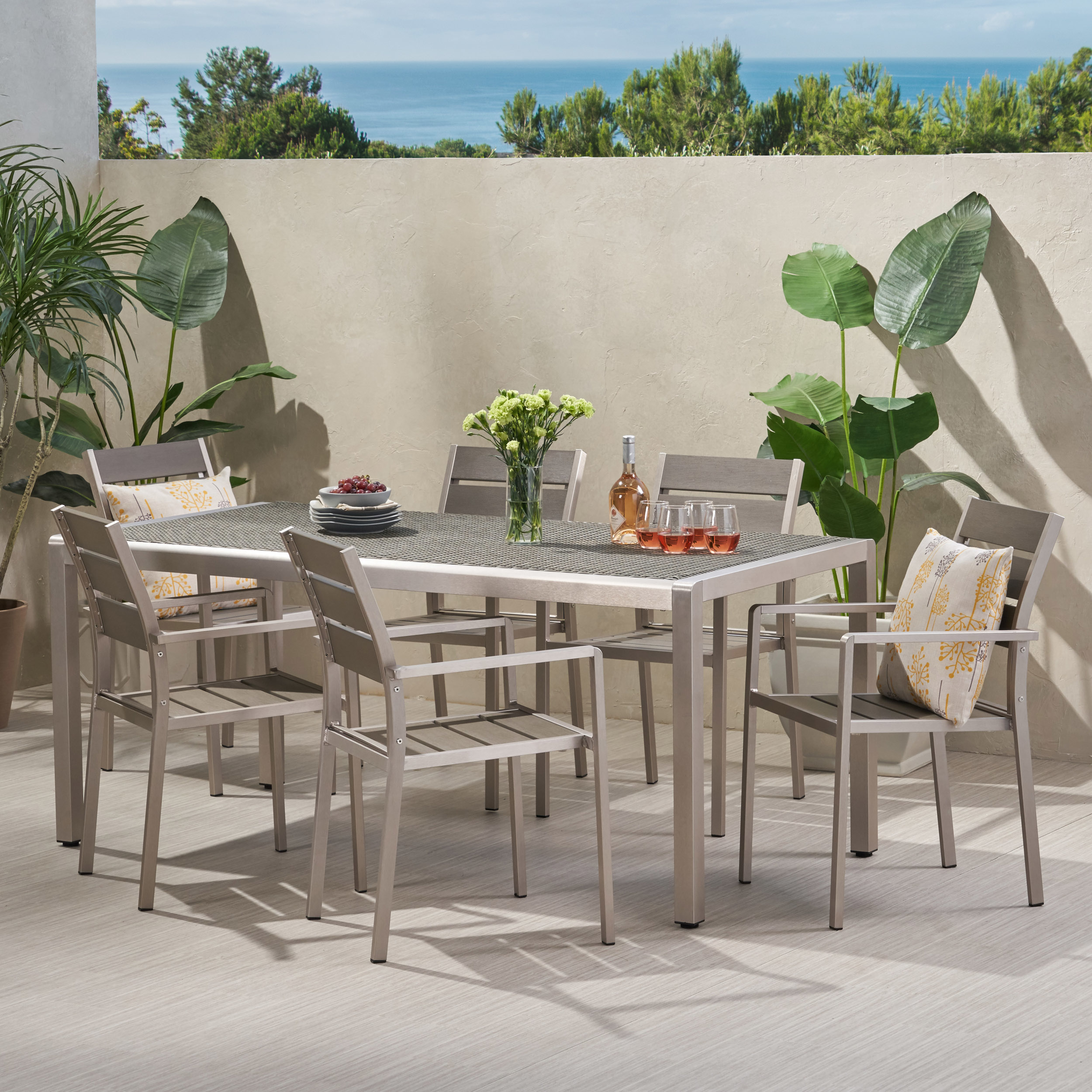 Eleanore Outdoor Modern Aluminum 6 Seater Dining Set With Faux Wood Seats - Gray + Silver