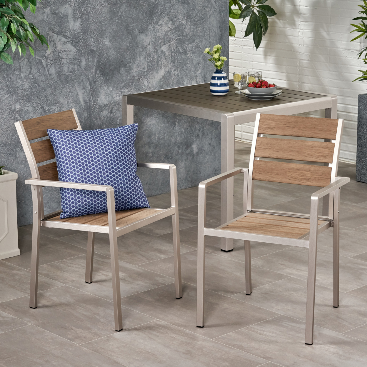 Belle Outdoor Modern Aluminum Dining Chair With Faux Wood Seat (Set Of 2) - Natural Finish + Silver