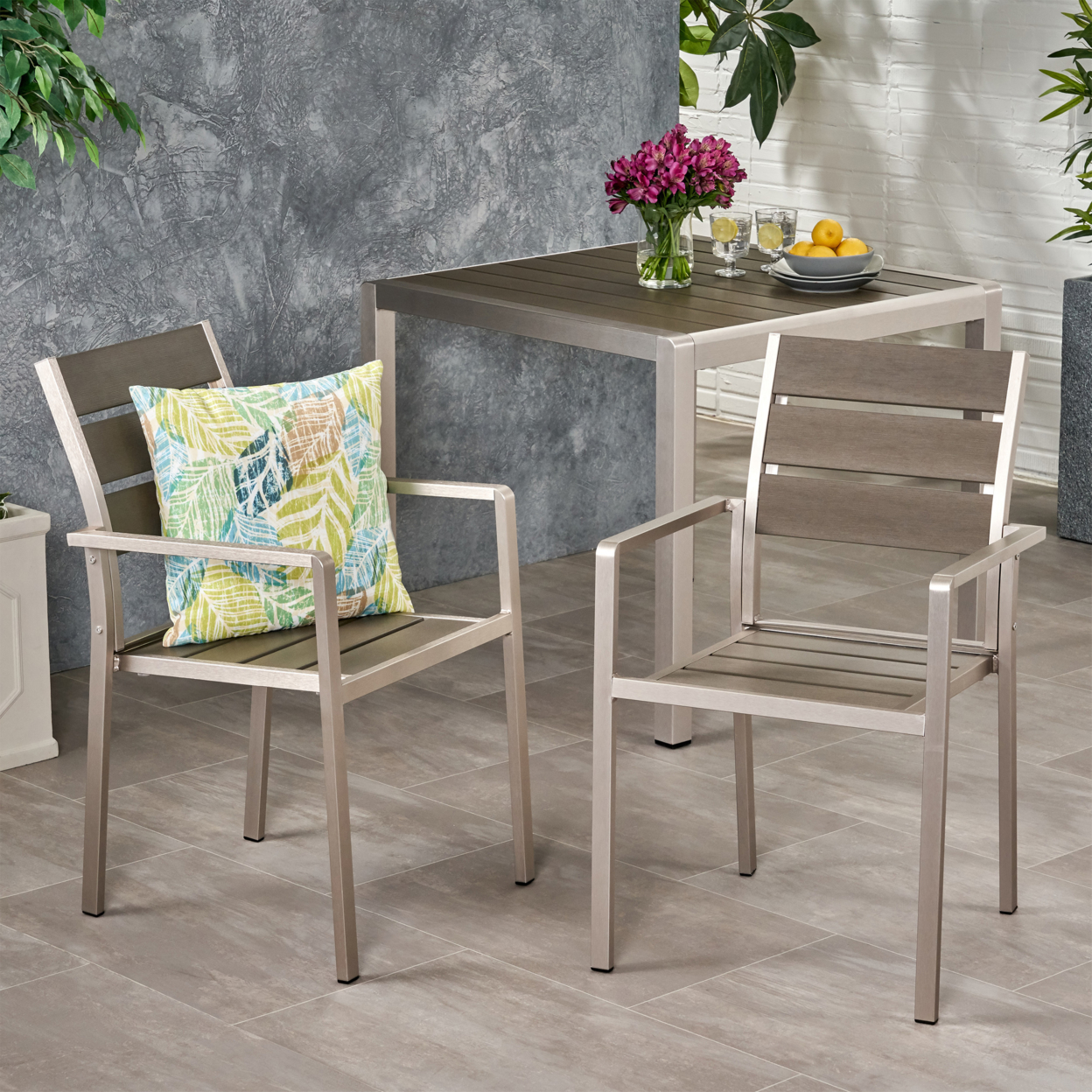 Belle Outdoor Modern Aluminum Dining Chair With Faux Wood Seat (Set Of 2) - Gray + Silver