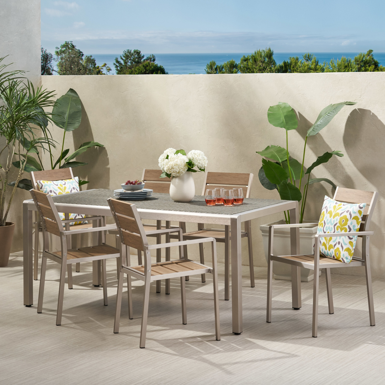 Eleanore Outdoor Modern Aluminum 6 Seater Dining Set With Faux Wood Seats - Gray + Natural Finish + Silver