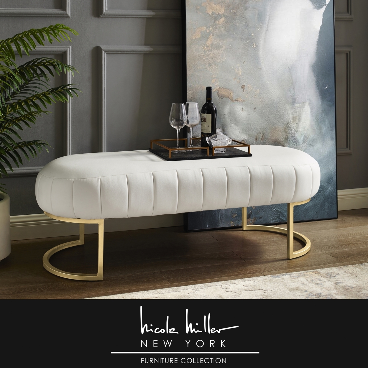 Anakin Bench-Upholstered-Side Channel Tufted-Matte Finish Metal Base - White/gold/leather