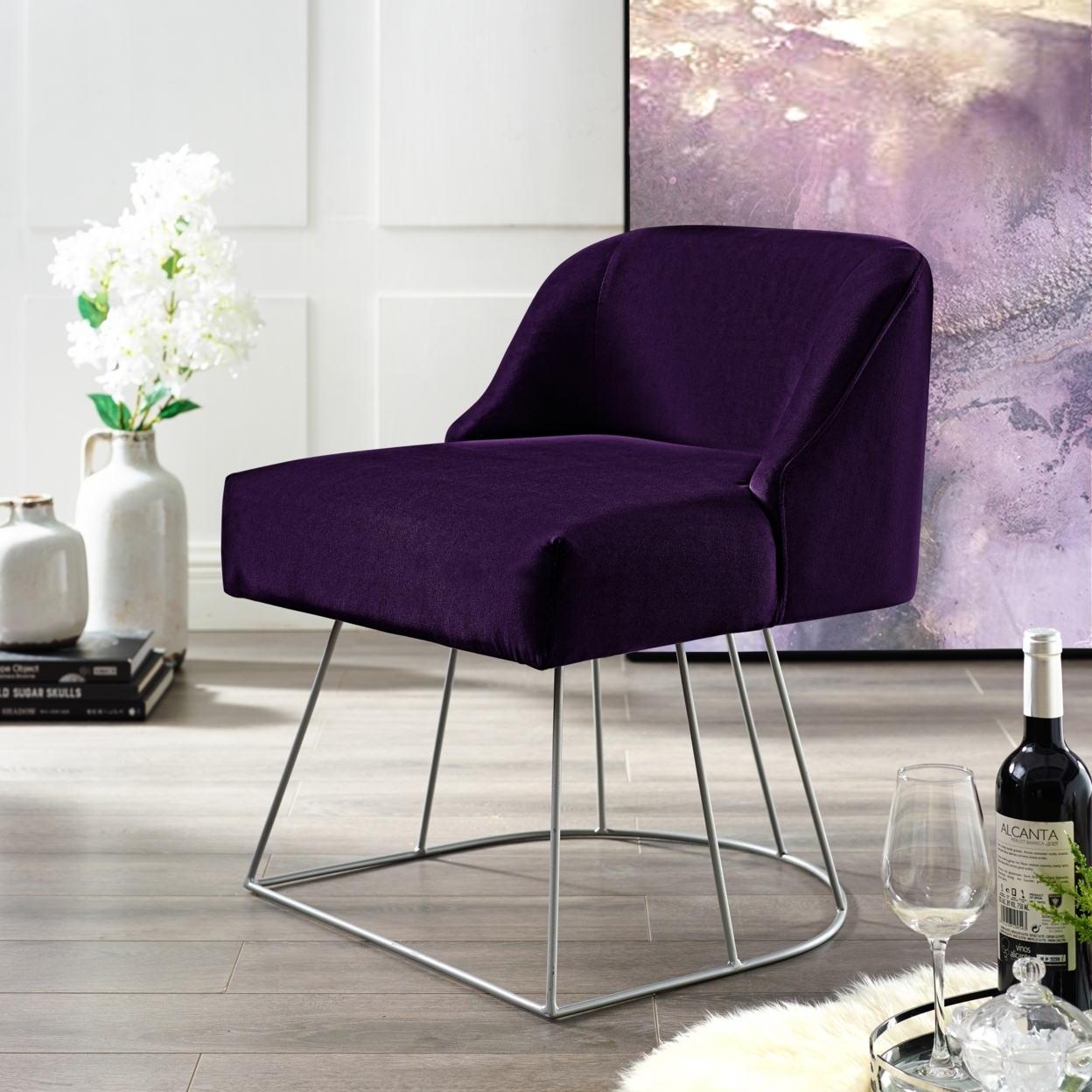 Omanta Vanity Stool-Upholstered-Metal Base-Armless - Purple