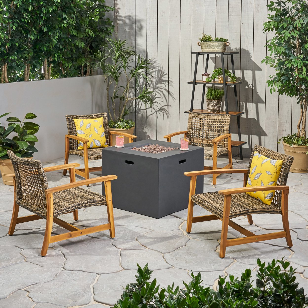 Carry Outdoor 5 Piece Wood And Wicker Club Chairs And Fire Pit Set - Mixed Mocha, Natural Finish, Dark Gray