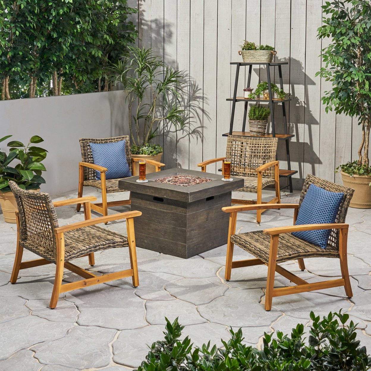 Eleanor Outdoor 5 Piece Wood And Wicker Club Chairs And Fire Pit Set - Mixed Black, Light Gray Washed Finish, Gray