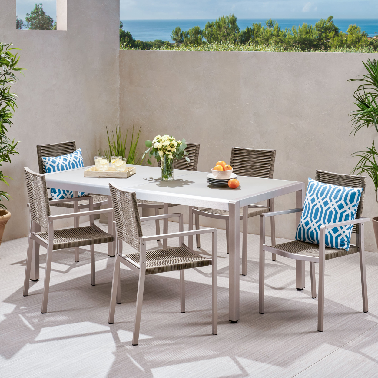 Sandy Outdoor Modern 6 Seater Aluminum Dining Set With Tempered Glass Table Top - Gun Metal Gray + Dark Gray + Black