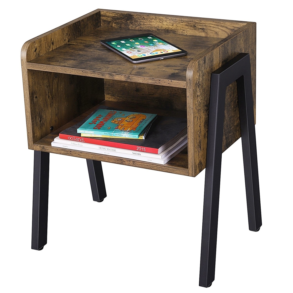 Wooden Stackable End Table With Inverted Iron Legs And Storage Compartment, Brown And Black- Saltoro Sherpi