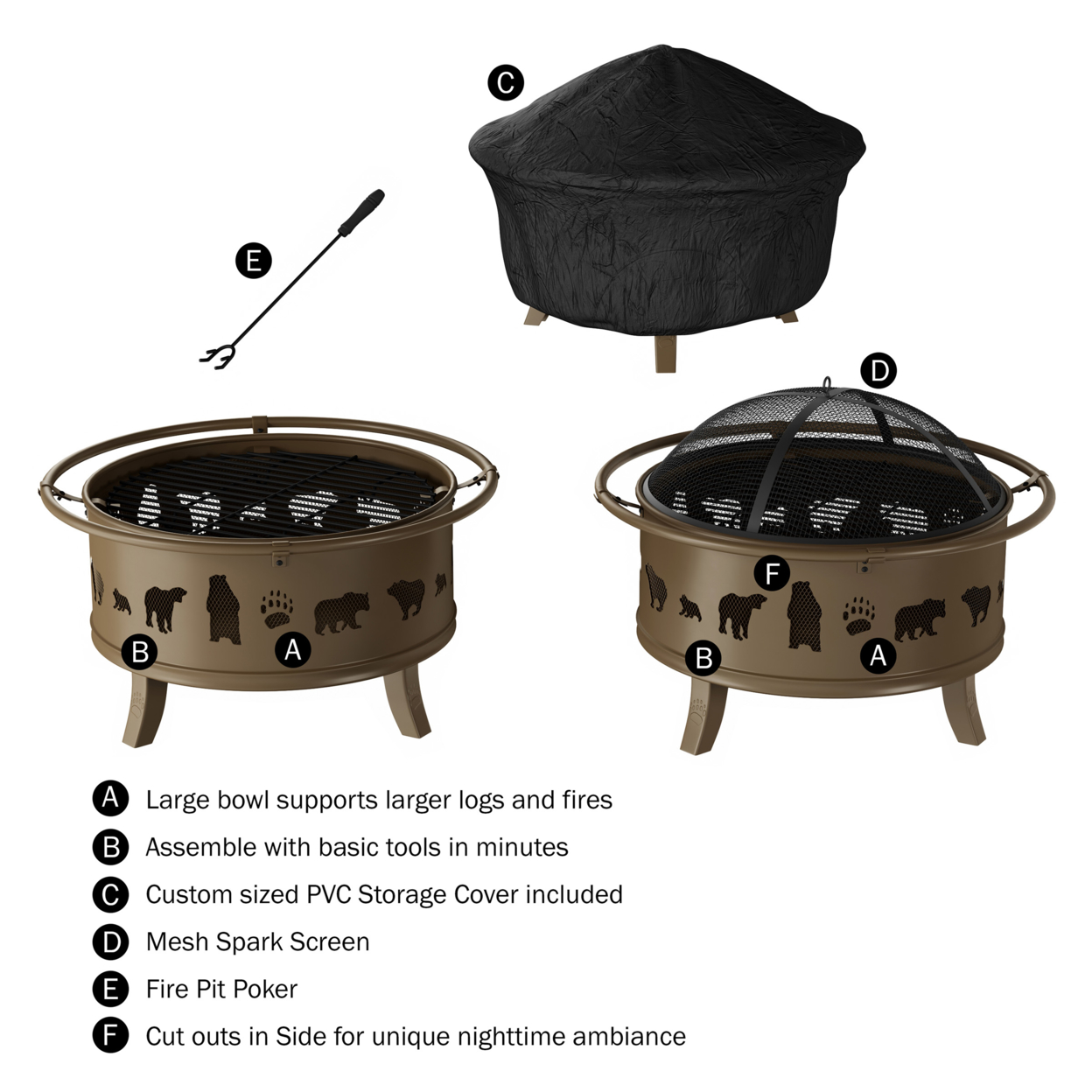 Outdoor Deep Fire Pit- Round Large Steel Bowl With Bear Cutouts, Mesh Spark Screen, Log Poker & Storage Cover