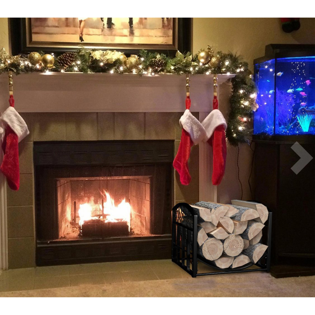 Firewood Rack Holder With Decorative Scroll Design- Metal Outdoor Indoor Log Storage Bin For Fireplace Firepit
