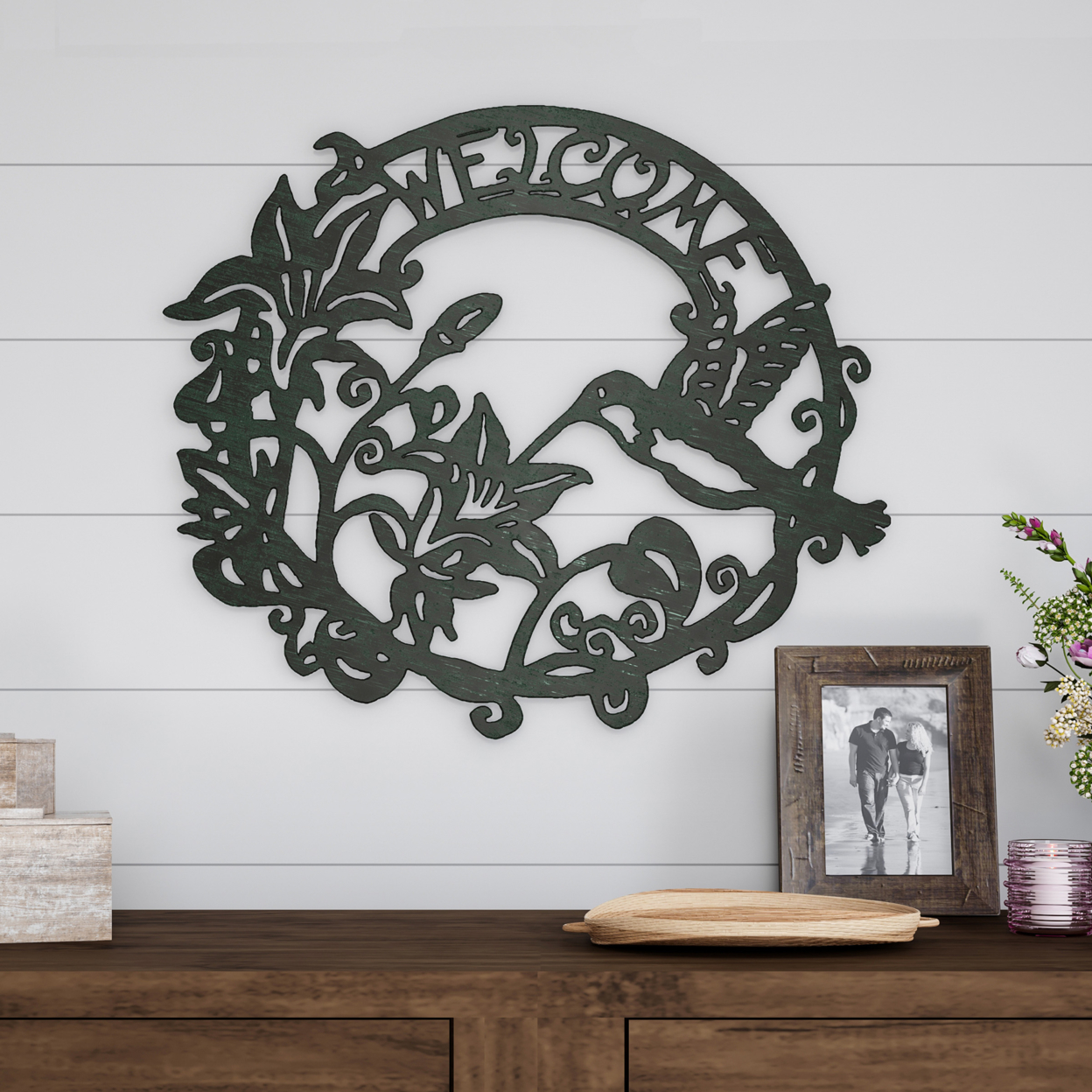 Metal Cutout- Welcome Decorative Wall Sign Word Art Home Accent Humming Bird Wall Hanging