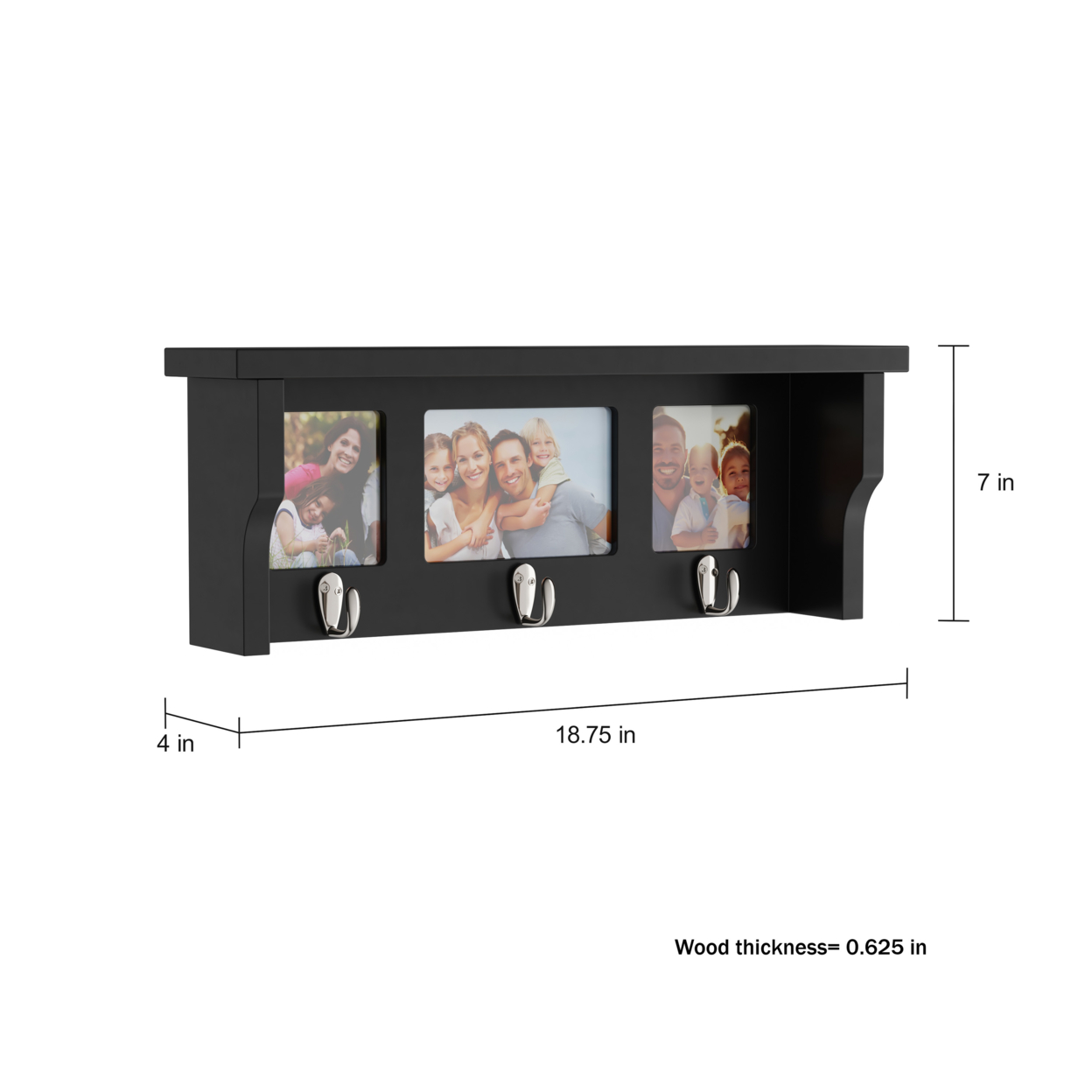 Black Wall Shelf And Picture Collage Ledge And 3 Hanging Hooks- Photo Frame Decor Shelving With Modern Look, Holds 3 Photos