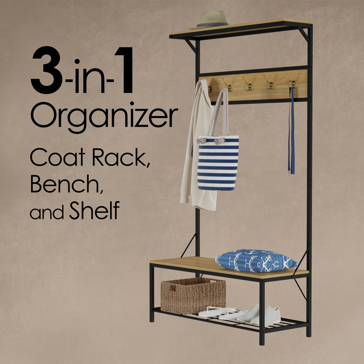 Entryway Storage Bench- Metal Hall Tree With Seat, Coat Hooks And Shoe Storage