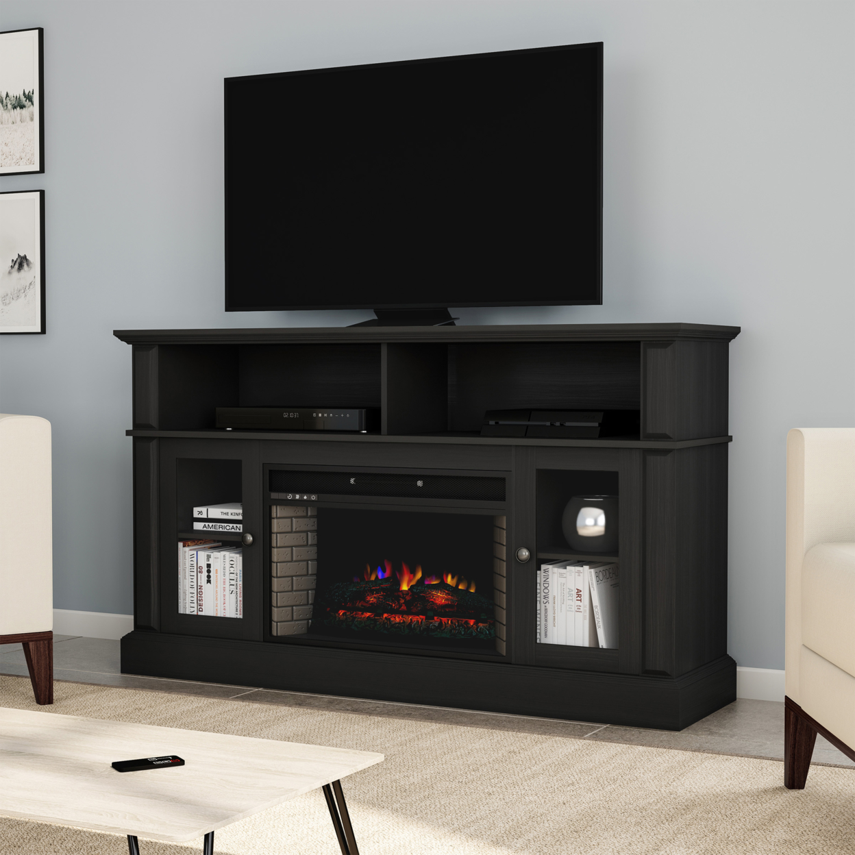 Electric Fireplace Black TV Stand Console with Media Shelves, Remote Control, Adjustable Heat & LED Flames Color