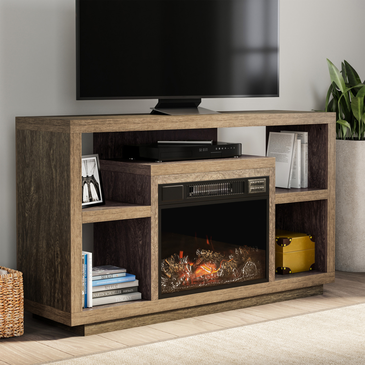 Electric Fireplace TV Stand Console, Media Shelves, Remote Control, LED Flames, Adjustable Heat & Light