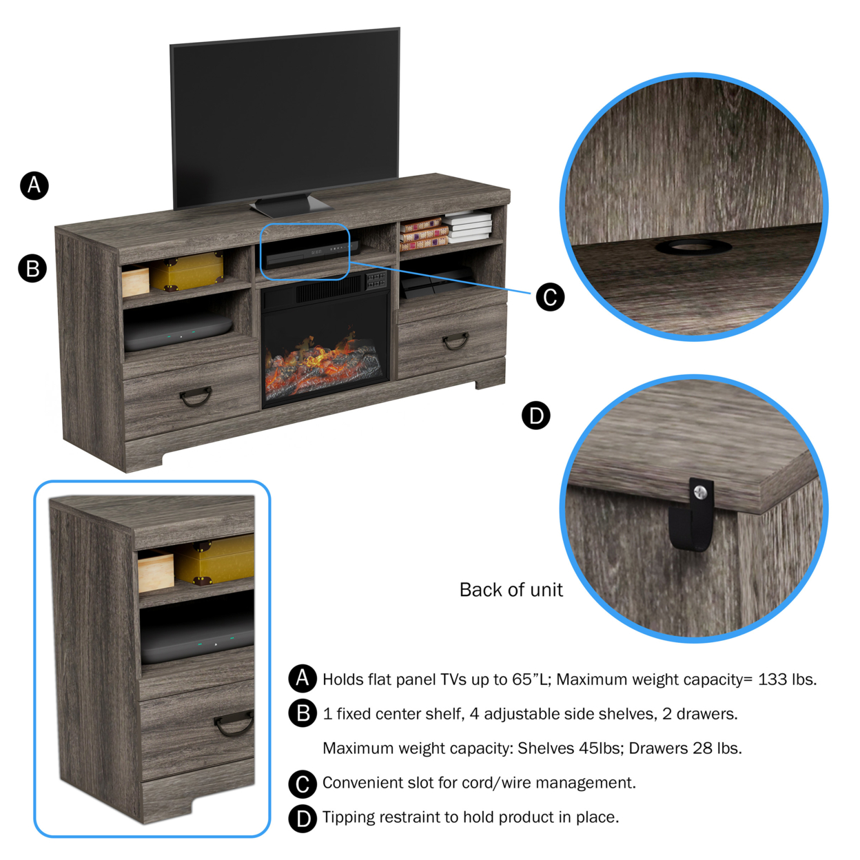 Electric Fireplace TV Console Media Shelves Two Drawers,Remote Control, LED Flames, Adjustable Heat & Light