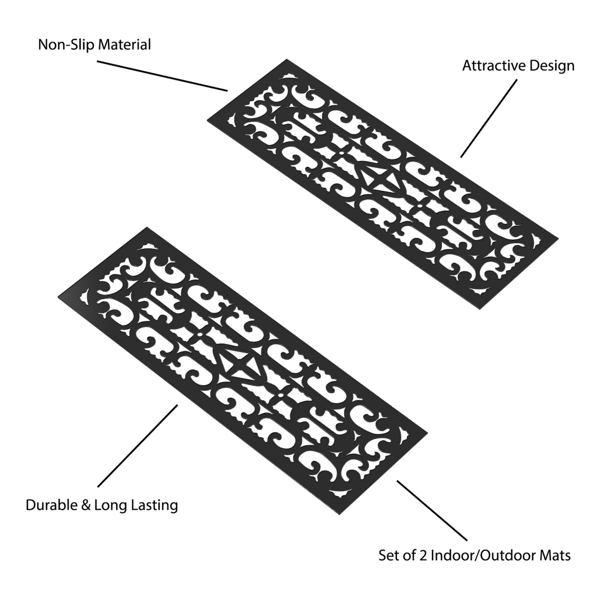 Non-Slip Stair Mats With Traction Control Grip- Heavy Duty Rubber Tread, Ornate Design For Indoor/Outdoor Use, Set Of 2 Black Mat Pads