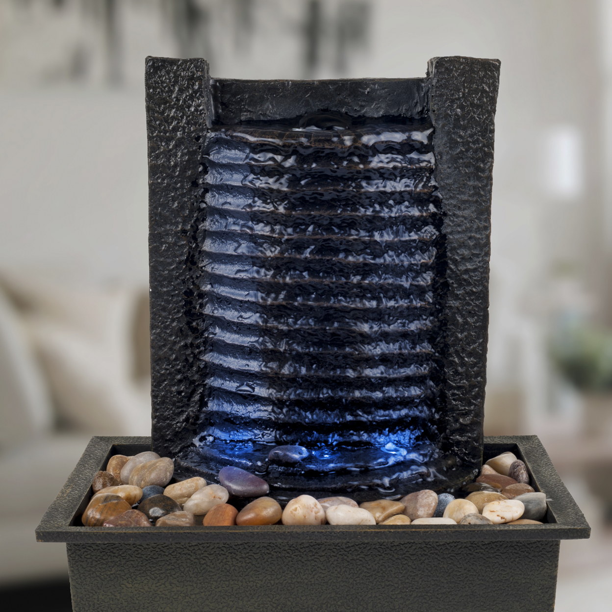 Indoor Water Fountain With LED Lights- Lighted Waterfall Tabletop Fountain With Stone Wall And Soothing Sound