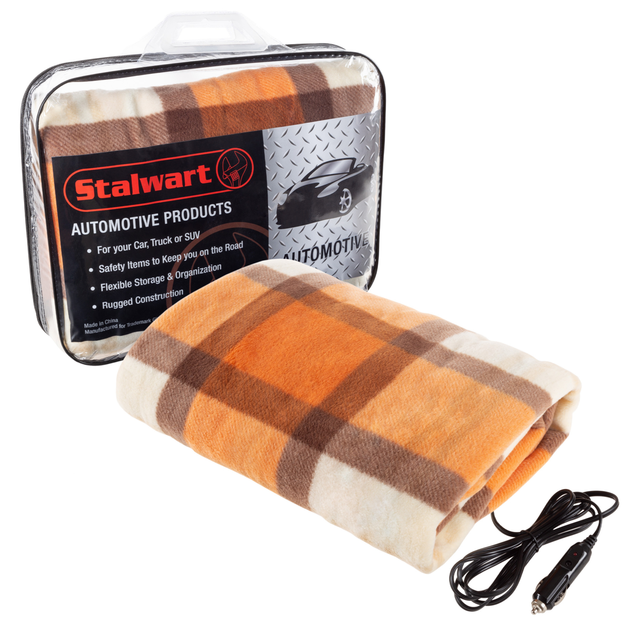 Electric Car Blanket- Heated 12V Polar Fleece Travel Throw For Car, Truck & RV-Great For Cold Weather Orange Plaid