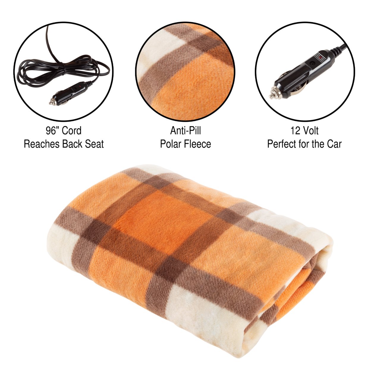 Electric Car Blanket- Heated 12V Polar Fleece Travel Throw For Car, Truck & RV-Great For Cold Weather Orange Plaid