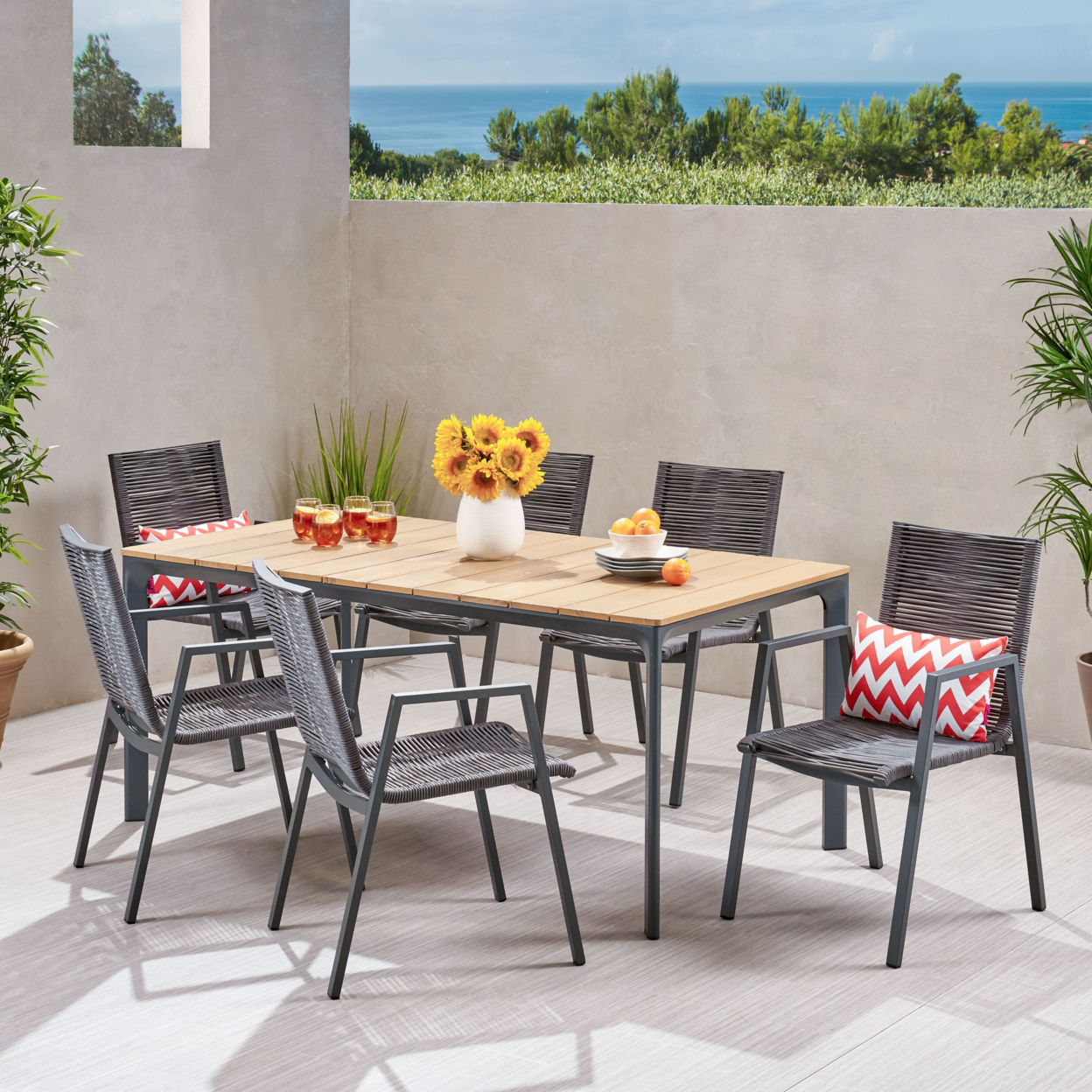 Linda Outdoor Modern 6 Seater Aluminum Dining Set With Eucalyptus Table Top