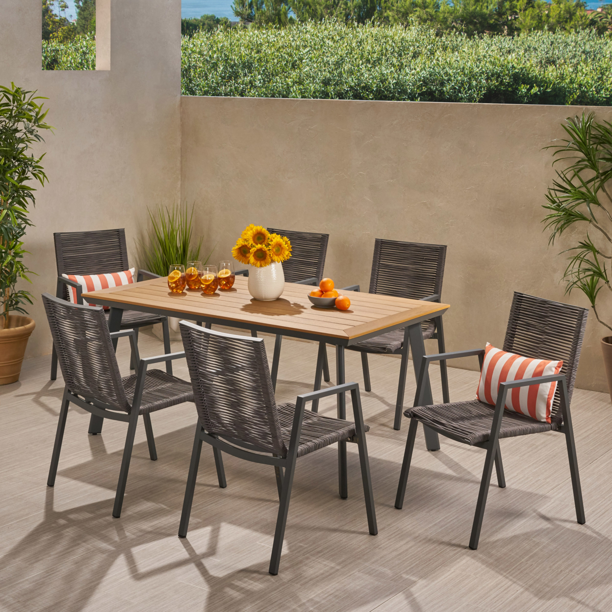 Yolanda Outdoor Modern 6 Seater Aluminum Dining Set With Faux Wood Table Top